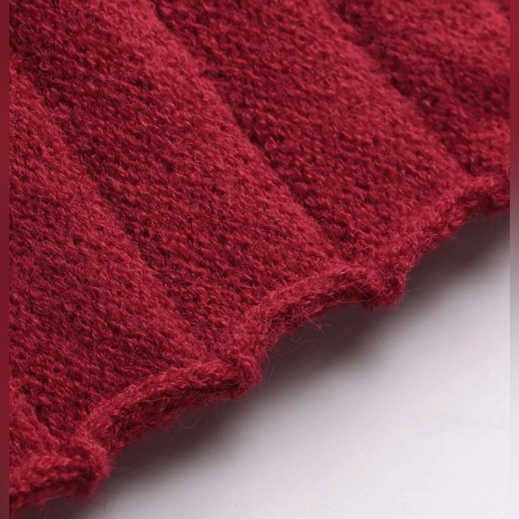 CIDER KNIT MIDDLE WAIST SOLID RUFFLE MIDI SWEATER SKIRT Burgundy Red - Picture 7 of 7